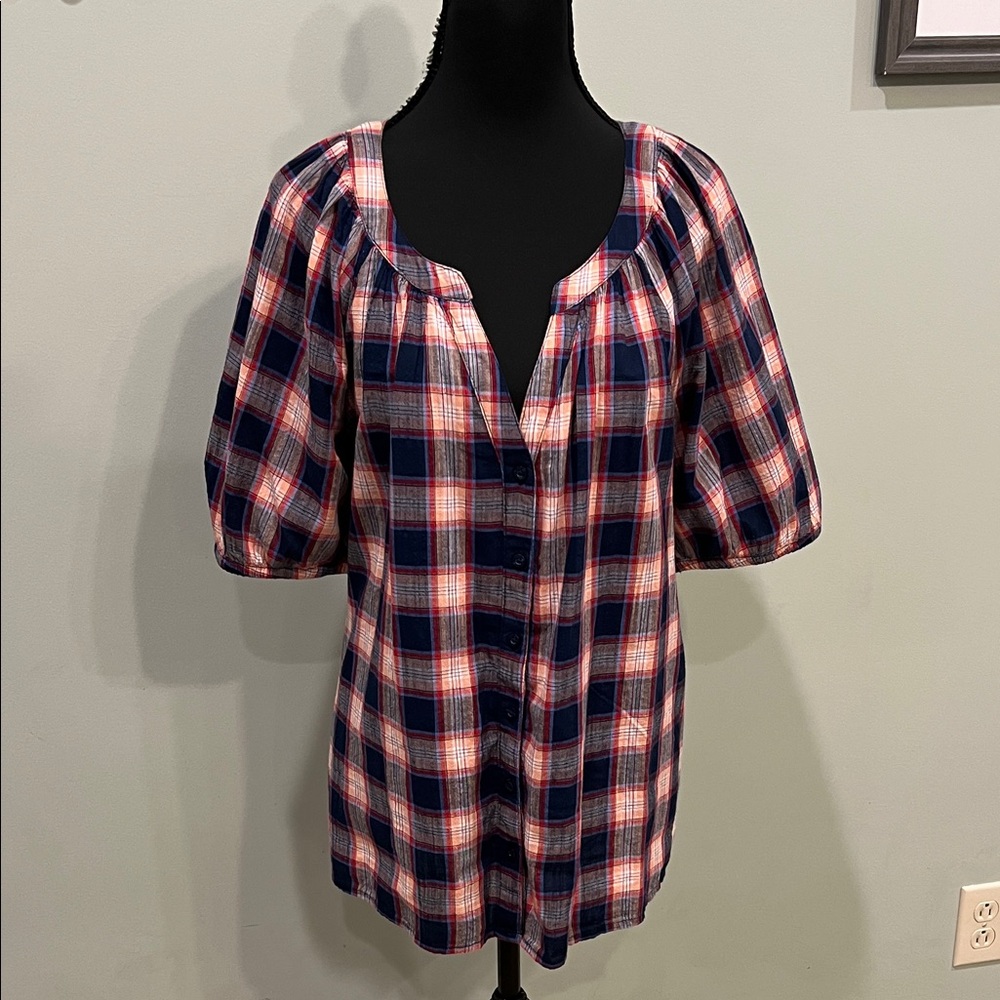 St. John's Bay Blue and Red Checkered Blouse- Worn twice